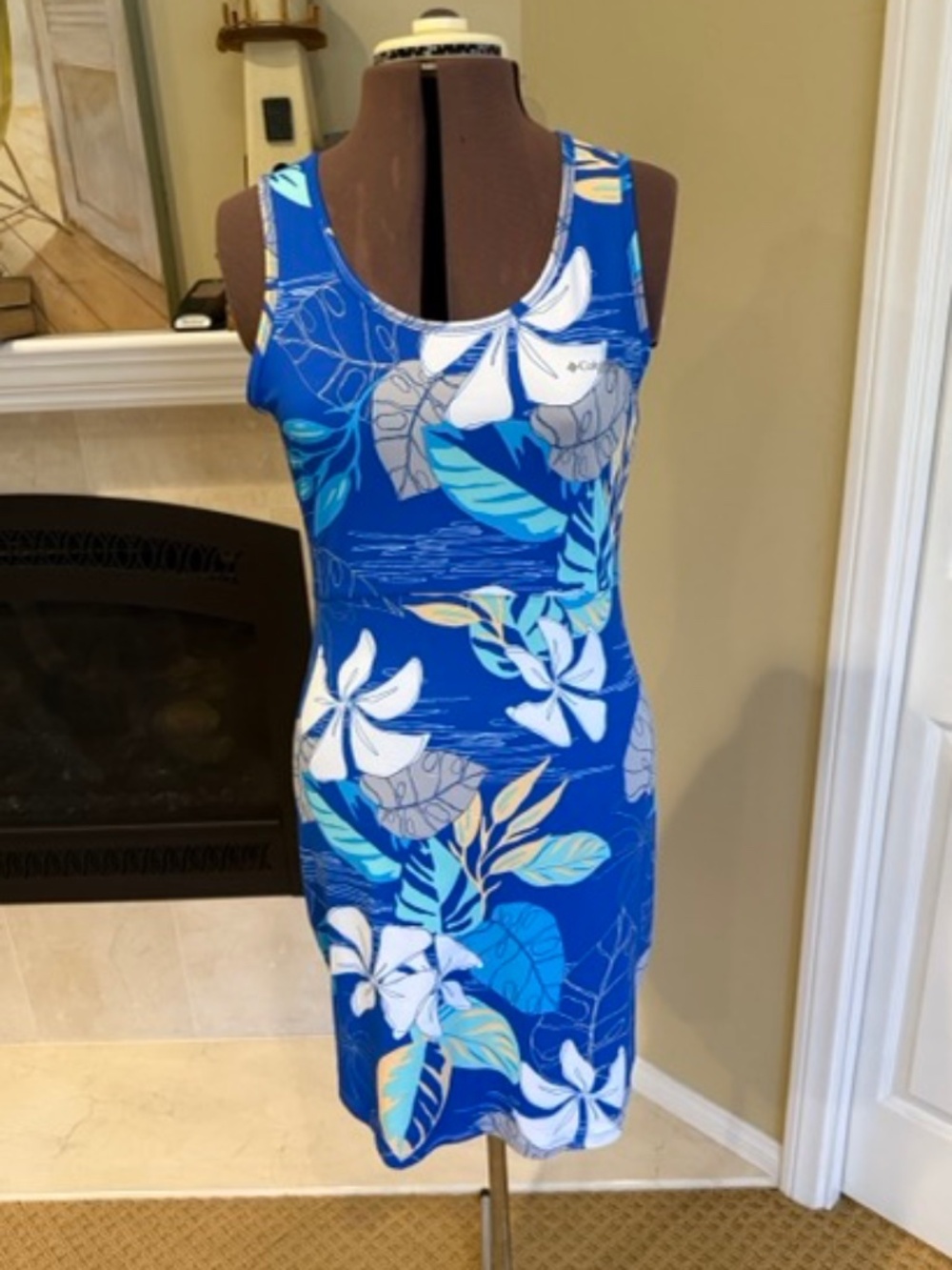 Columbia Blue Tropical Floral Dress Mesh Back Sleeveless Size M